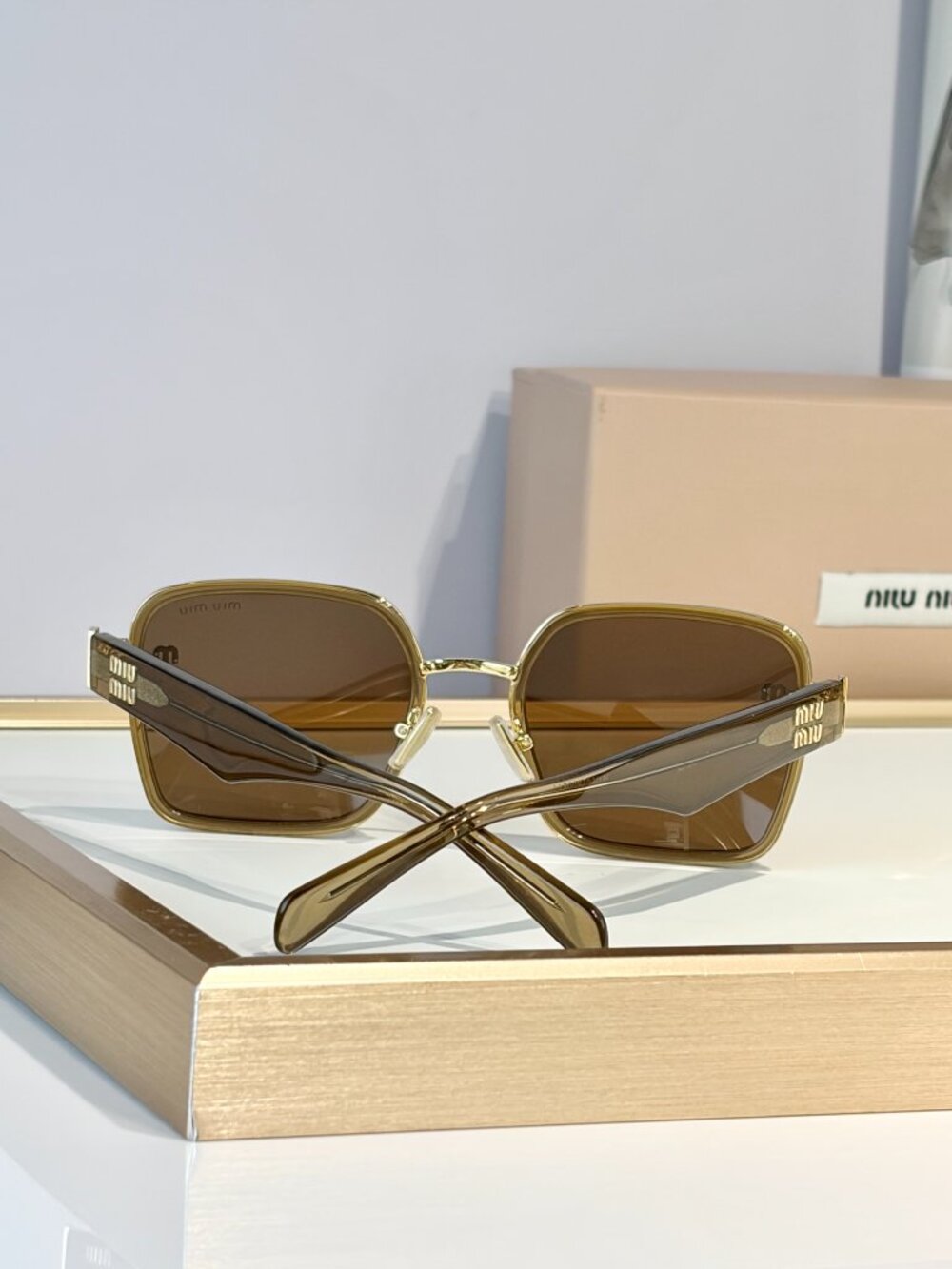 Miu Miu Oversized Square Sunglasses Brown Lenses Gold Olive Frame Women’s - Picture 9 of 9